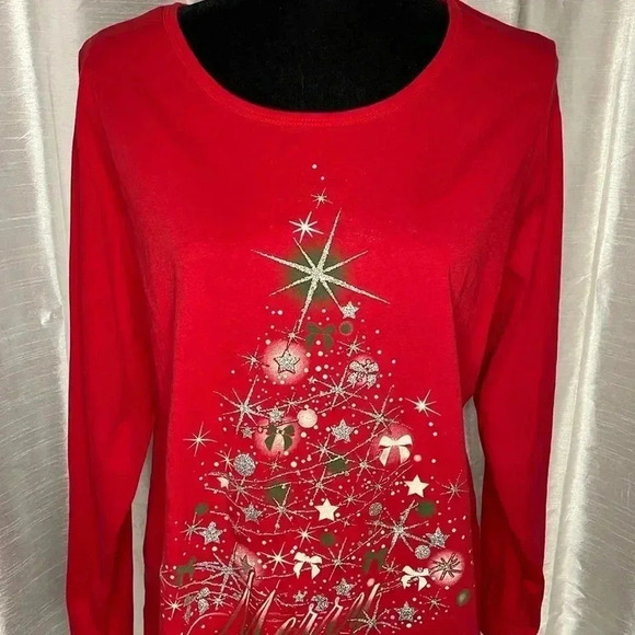 Fashion Bug Tops - Fashion Bug Women’s 0X Red Long Sleeve Merry Christmas Silver Glitter Tree Shirt